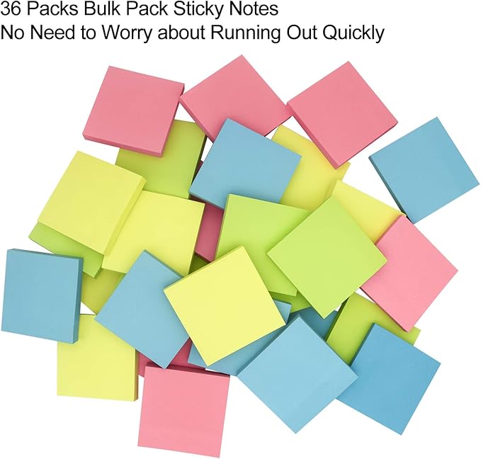 Sticky Notes 3x3, Self-Stick Notes, 36 Pads, 100 Sheets/Pad, Assorted Colors Stickies, Easy to Post Notes for Study, Works, Daily Life (36)