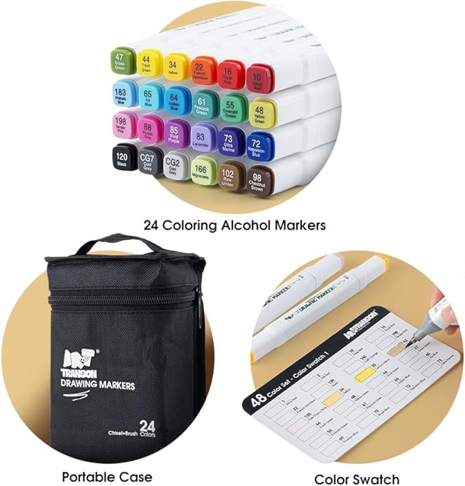 TRANSON Alcohol Markers for Drawing Coloring 24 Colors Dual-tip Brush and Chisel Tips