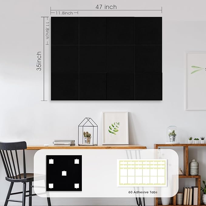 Large Cork Board for Office Wall Decor,48"x36"-12 Pack Felt Wall Tiles with Safe Removable Adhesive Tabs, 1/2" Thick, Felt Bulletin Board Pin Board Cork Boards for Walls - Black