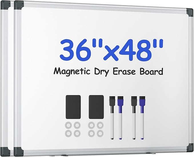 VUSIGN 2PCS Magnetic White Board Hanging 36" x 48" for Office, Class, Home, Sliver Aluminum Frame, 2 Dry-Erase Eraser, 4 Multicolor Marker, 8 Magnetic Pins