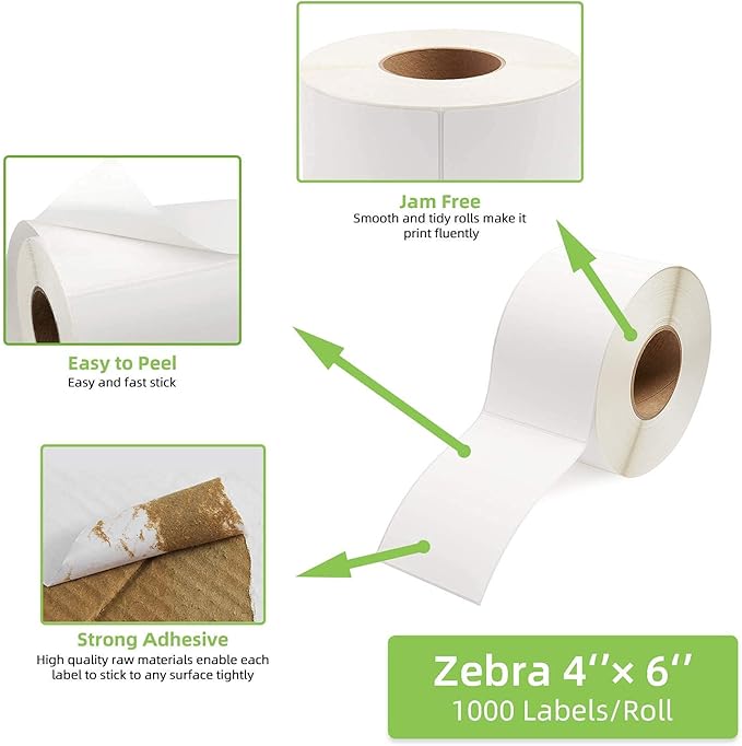 4"x 6" Multipurpose Direct Thermal Labels 3" Core Compatible for Zebra Industrial Printers Adhesive & Perforated (1 Roll, 1000 Labels/Roll)