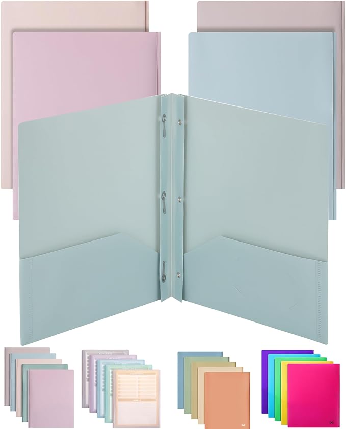 Mr. Pen- Plastic Folders with Pockets and Prong, 5 Pack, Muted Pastel Colors, Pocket Folders, File Fasteners, 2 Folder, Two