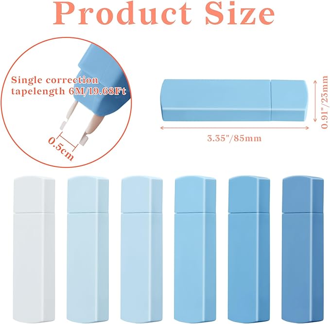 Temiary 6Pcs Mini White Out Tapes for Instant Correction, Cute Whiteout for Writing, Aesthetic Correction Tape Set Easy To Use for Students School Office Supplies (Blue)