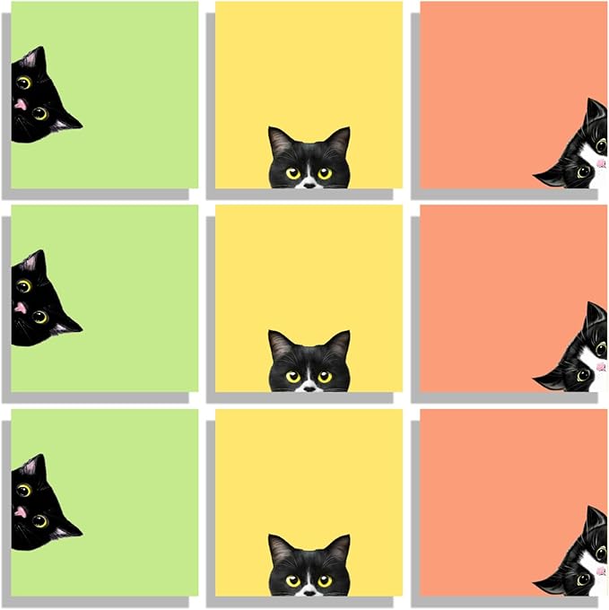 9 Pads Black Cat Sticky Notes Set, Pink Self-Stick Note Pads, Super Adhesive Memo Pads Cute Note Card for Cat Lover Gift, Teacher Office and School Supplies, 3x3in