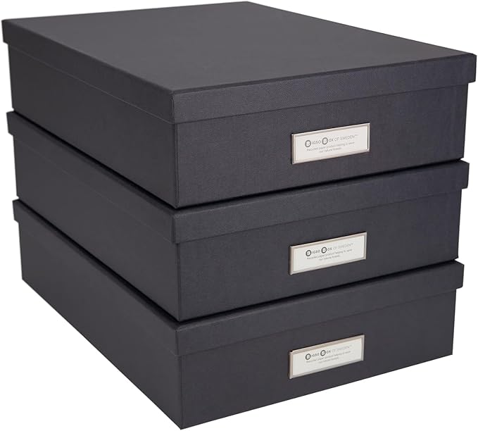 Bigso Oskar Fiberboard Label Frame Document Letter Box | File Organizer Document Box for Important Paperwork | Document Storage Box with a Lid & Label Window | 3.3″x10.2″x13.8″ | 3 Pack | Dark Grey