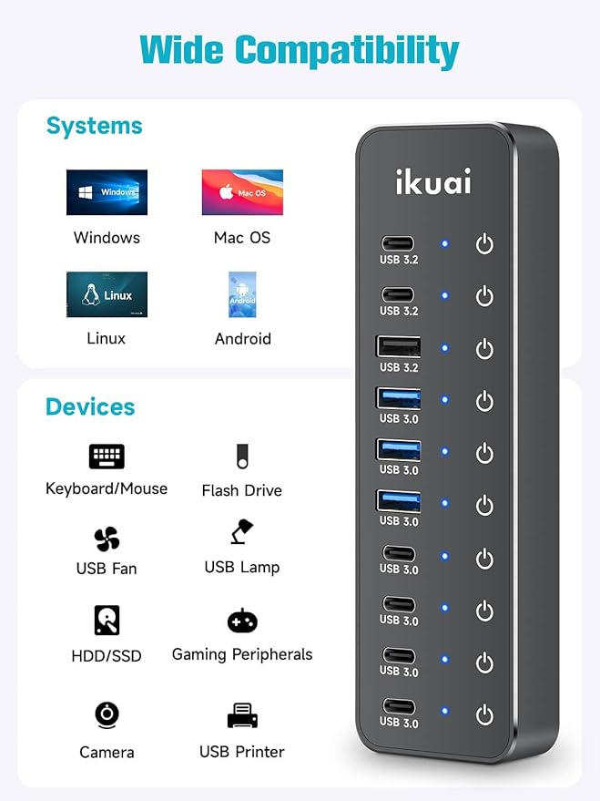 Powered USB Hub, ikuai 10-Port USB 3.2 / USB C Hub, with 3 10Gbps Data Ports and 7 USB 3.0 Ports (4 USB-C + 3 USB-A) for Mac PC Laptops and More