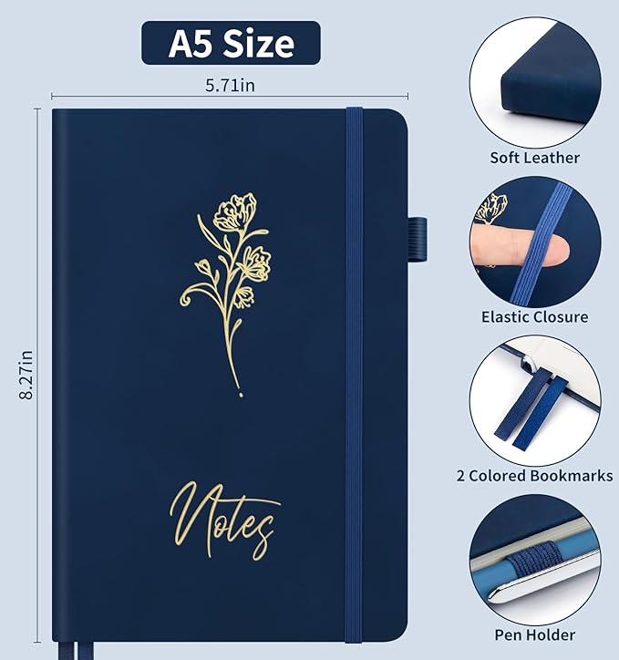 Lined Journal Notebook For Women Men, 200 Pages A5 Hardcover Leather Journals For Writing College Ruled Notebook For Work School Note Taking Business Diary Notepad 5.7'' X 8.3''- Deep Blue