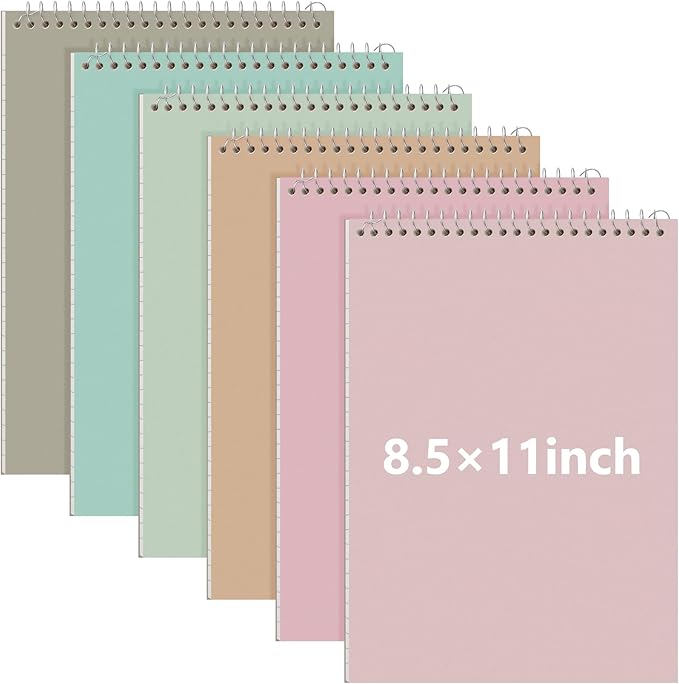 6 Pack 8.5 x 11'' Top Bound Office Steno Book Wide Ruled Double Sided Spiral Notebooks Reliable White Paper 70 Sheets/Pad Pastel Colors Covers for Writing School Notes(Bohemian Color)