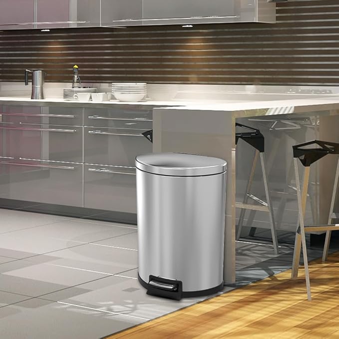 Kitchen Trash Can with Lid, 55 Liter/14.5 Gallon Semi Round Large Step Garbage Can, Soft Close Satin Stainless Steel Trash Bin for Bathroom Office