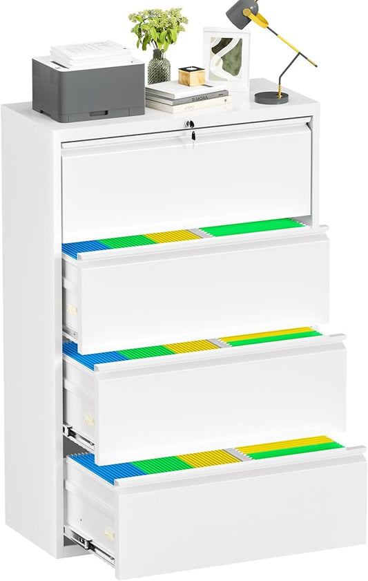 Crownland Lateral File Cabinet with 4 Drawers, 28" W Metal Lockable Office File Cabinets for Home Office- Stores Letter/Legal/A4/F4 Files(White)
