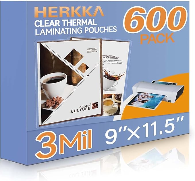HERKKA 600 Pack Laminating Sheets, Holds 8.5 x 11 Inch Sheets, 3 Mil Clear Thermal Laminating Pouches 9 x 11.5 Inch Lamination Sheet Paper for Laminator, Round Corner Letter Size