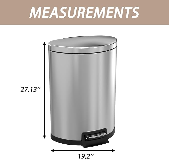 Kitchen Trash Can with Lid, 55 Liter/14.5 Gallon Semi Round Large Step Garbage Can, Soft Close Satin Stainless Steel Trash Bin for Bathroom Office