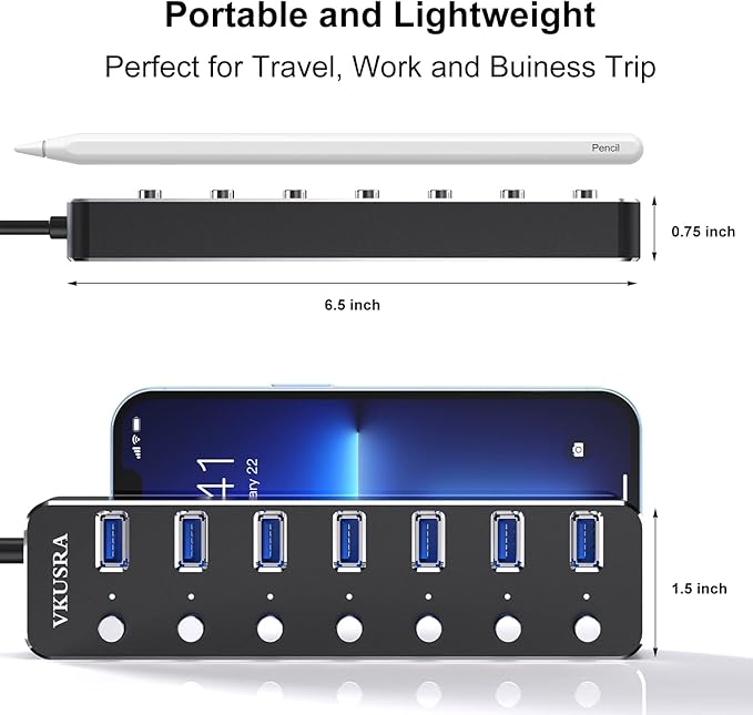 USB Hub, VKUSRA 7 Port USB Hub 3.0 with 4ft USB Long Cable, and Aluminum USB 3.0 Hub with Individual On/Off Switch and LED Indicator, USB Splitter for Laptop & PC, Power Adapter Not Included