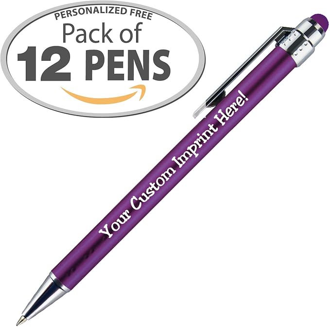 Personalized Pens with Stylus Tip -Bright Vibes- Click action - Custom - Black writing - Printed Name pens - Imprinted with Your Logo or Message - FREE PERSONALIZATION - 12 Pens/Box (Purple)