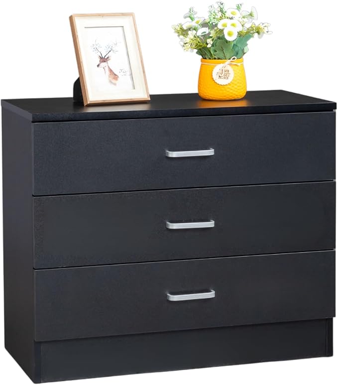 Karl home 3 Drawer Dresser, Modern Storage Chest of Drawers, Wood Bedside Table Night Table for Bedroom,Living Room (Black)