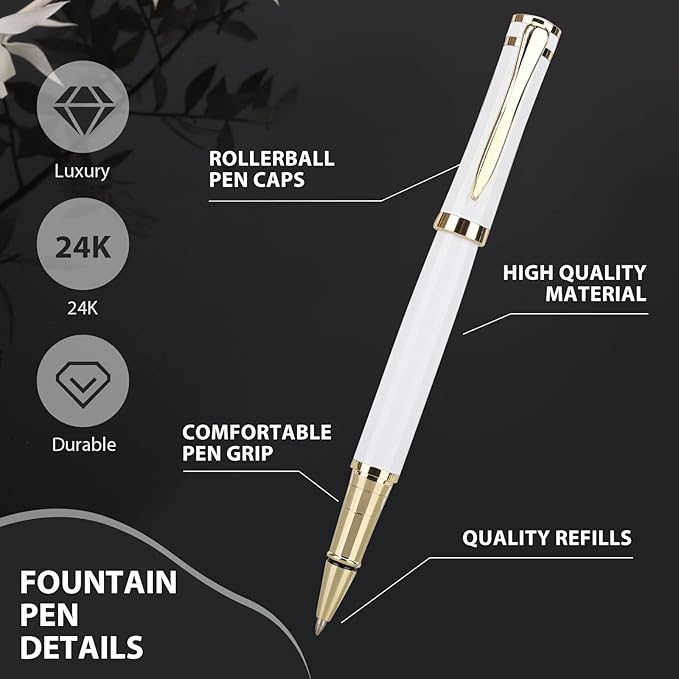 Cheericome Luxury Ballpoint Pen - Professional & Executive, Perfect for Silky Smooth Writing, with Gift Box, Nice for Men & Women, 2 Extra 0.5mm Black Refills - White