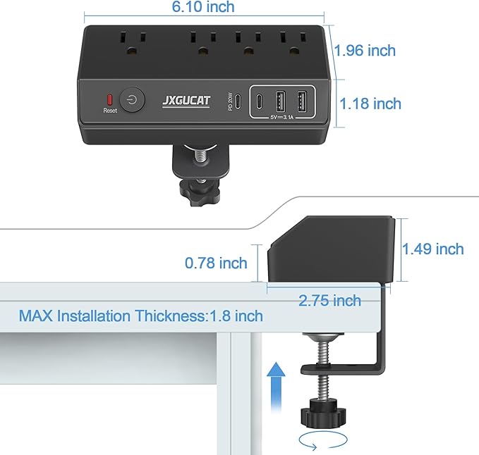 Desk Clamp Power Strip with PD 20W USB C, JXGUCAT Removable Fast Charging Desktop Edge Power Strip Surge Protector, 10 ft Extension Cord Flat Plug with 4 Outlet 4 USB Ports, Fit 1.8" Tabletop Edge