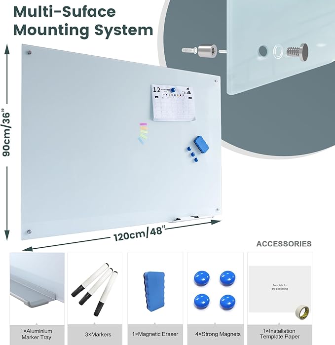 Magnetic Glass Whiteboard 48"x36" Glass Dry Erase Board 48"x36" Wall Mounted White Glassboard for Office School Home Shop