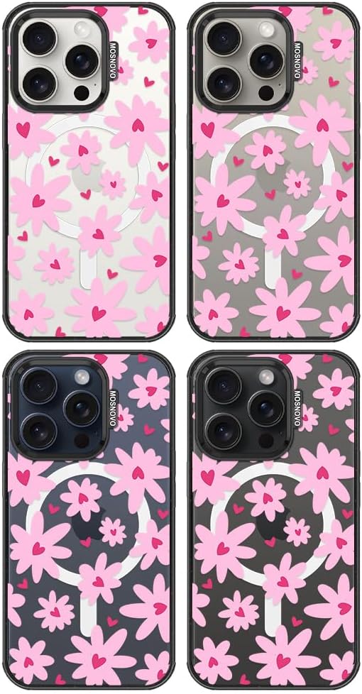MOSNOVO Magnetic Case for iPhone 15 Pro, 10ft Military-Grade Protection, Compatible with Magsafe, Shockproof Phone Case for iPhone 15 Pro - Love in Bloom - Clear Black