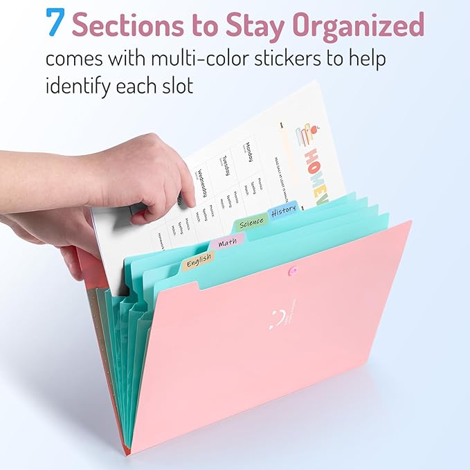 Forvencer Accordion File Organizer, Letter Size, 7 Pocket Expanding File Folder, Cute File Folder with Labels, Portable File Organizer for School Office Supplies, Folders for Documents, Red