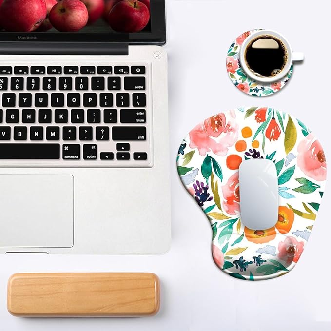 DOOKE Ergonomic Mouse Pad with Wrist Support and Coaster,Mouse Pads with Non-Slip PU Base for Home Office Working Studying Easy Typing & Pain Relief Pretty Floral