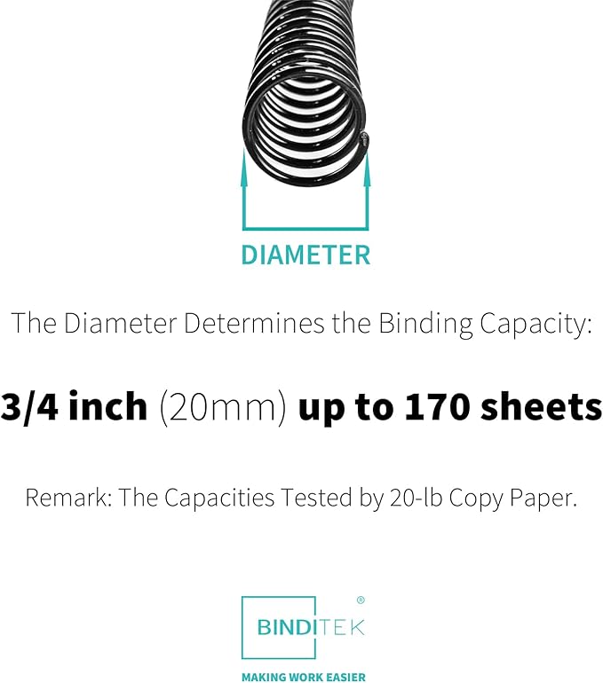 Binditek 50 Pack Plastic Spiral Binding Coils, 20mm(3/4"), 170 Sheet Capacity, 4:1 Pitch, Black, 48 Loops, for Letter Size, for Students and Coworkers