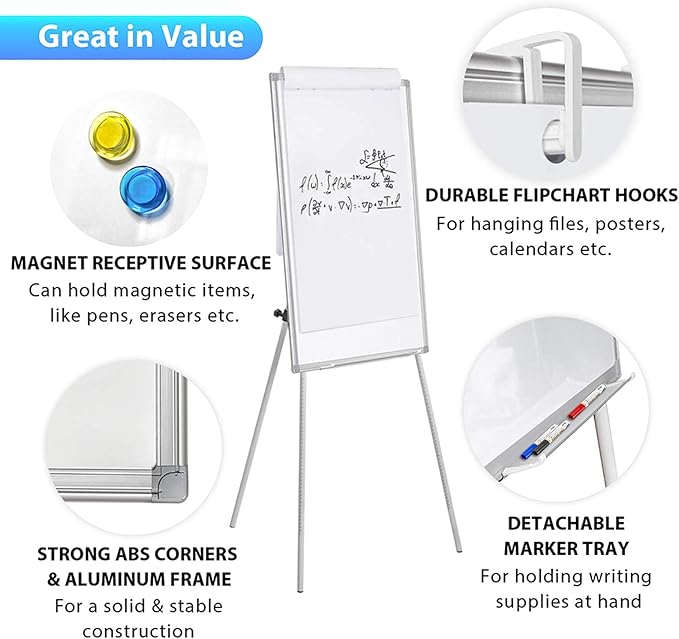 Easel Whiteboard - Magnetic Portable Dry Erase 36 x 24 Tripod Height Adjustable, 3' x 2' Flipchart Easel Stand White Board for Office or Teaching at Home & Classroom (36x24 White)