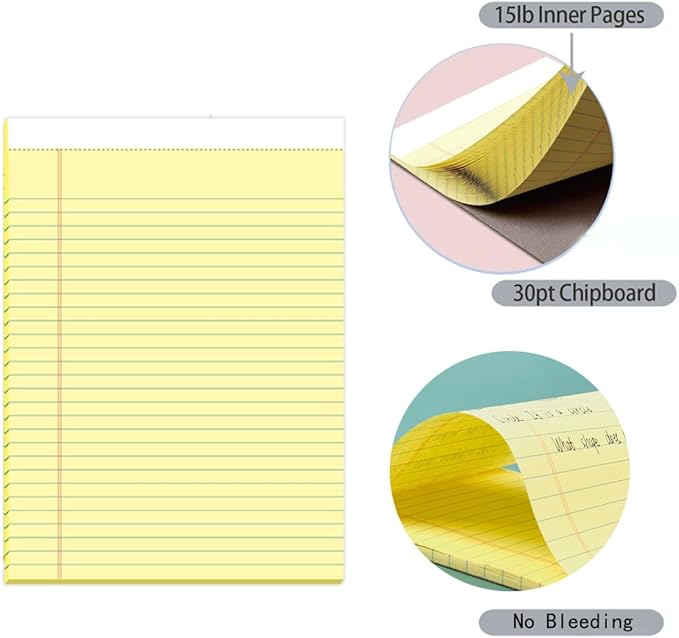 KAISA Legal Pads 8.5x11 Writing Pads Wide Ruled Notepads 8.5"x11.75" Canary Note Pads, Yellow 50 Sheets 12 Pads,WT-MCY50W