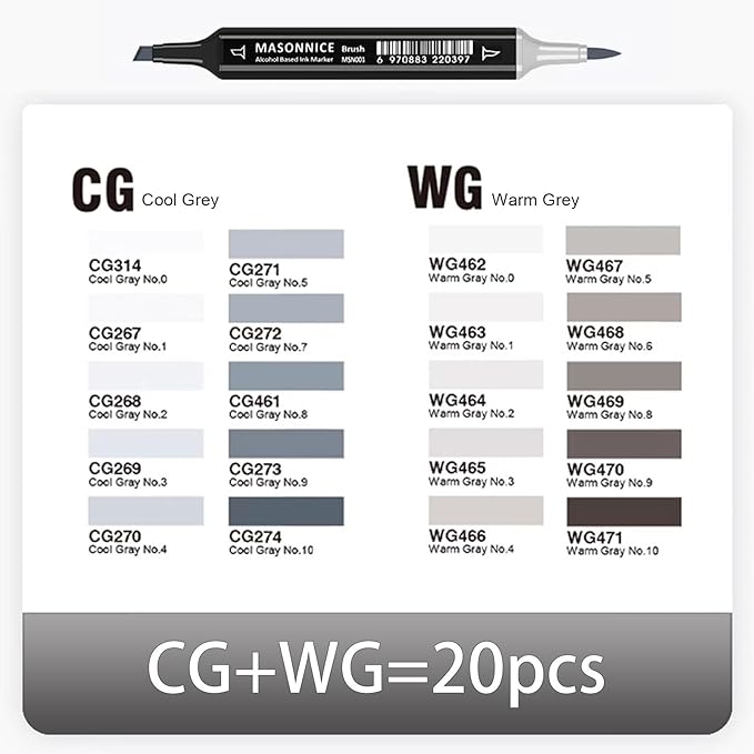 Gray Grey Alcohol Markers Brush Tip, 20pc Cool Warm Grey Markers Set for Adults Artist Coloring Book Shading Layering Drawing Sketching Brush Chisel Tips Gifts