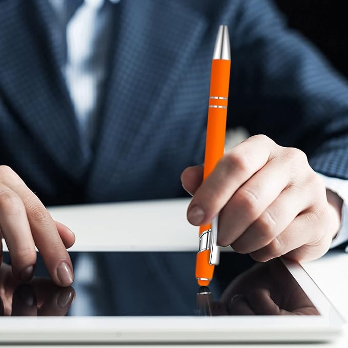 8 Pieces Ballpoint Pen with Stylus Tip Black Ink 2 in 1 Stylus Metal 1.0 mm Medium Point Smooth Pen Rainbow Colorful Rubberized Ballpoint for Touch Screen Tablet(Orange)