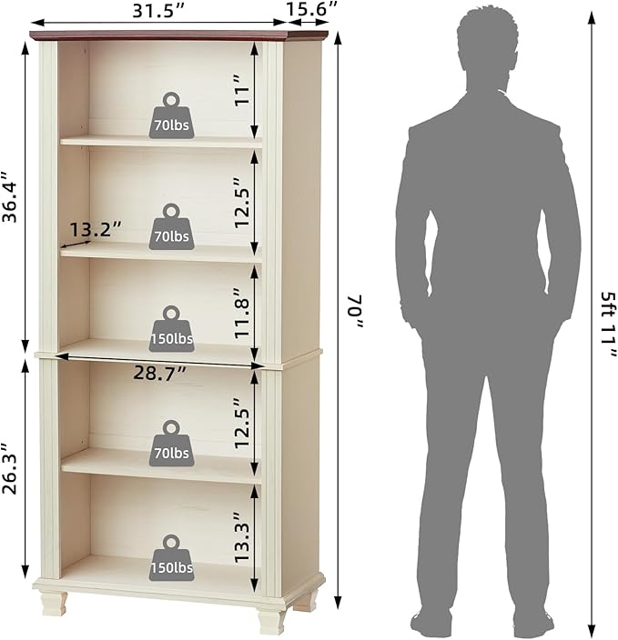 70" Tall White Bookshelf,5 Tier Wood Book Shelf with Adjustable Shelves & Wood Legs,Free Standing Farmhouse Bookcase with Open Display Storage,Vintage Kids Bookshelves for Nursery,3PCS