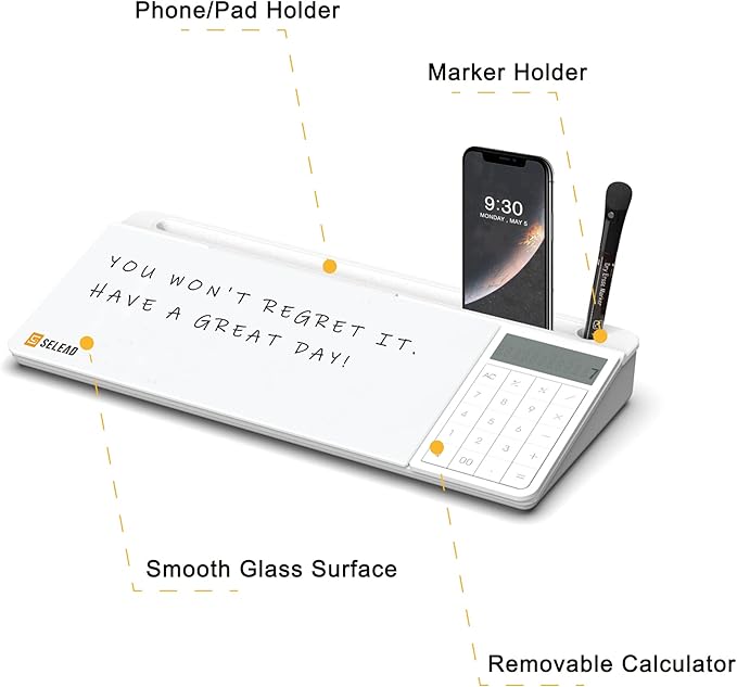 SELEAD Desktop Glass Whiteboard with Calculator, Organizer, Markers, Eraser, Holder - Small Dry Erase White Board Computer Pad Keyboard Stand for Home, School, Office Desk Cubicle Accessories