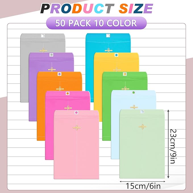 Geyee 50 Pcs 6 x 9 Inch Mixed Colors Manilla Clasp Envelopes Letter Size Mailing Envelopes with Clasp Closure for Filing Storing Documents Office Home Business School