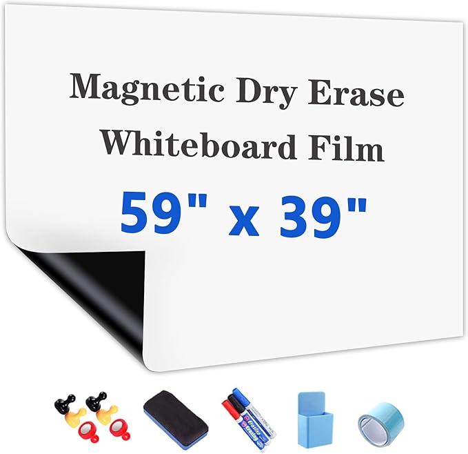 Magnetic White Board Film, 59" x 39" Dry Erase Board for Wall, Self Adhesive Whiteboard Paper Set for Office, Conference Room, Classroom, Home, Include Marker, Magnetic Eraser and Magnets