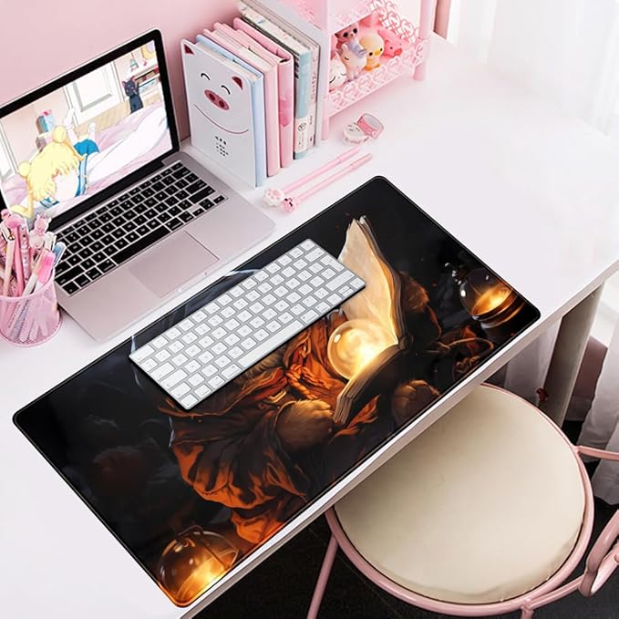 Magical Cat Desk Mouse Mat Black Vintage Desk Pad Playmat for MTG Large Mousepad Gaming Deskpad XXL Keyboard Mouse Pad Full Desktop Mat Desk Cover Mat for Work Office Home (31.5x15.7 in)