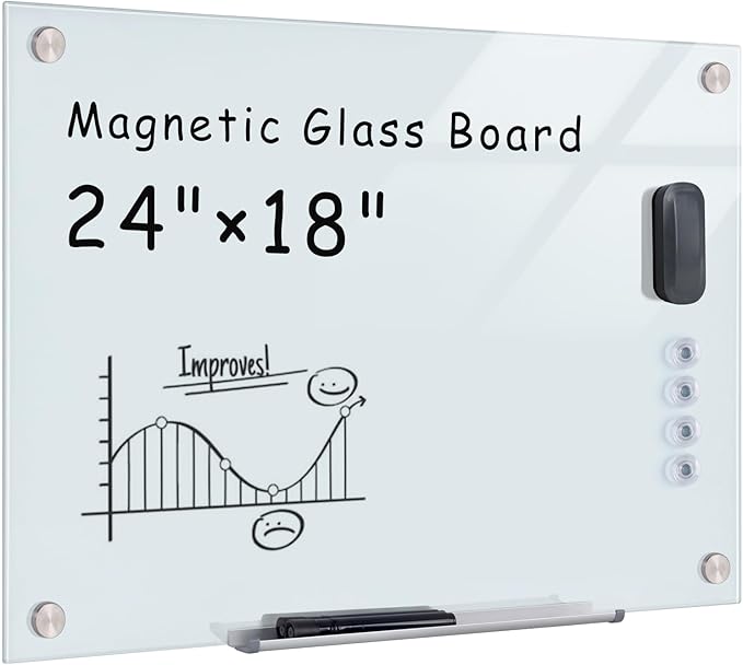 Magnetic Glass Whiteboard，24"x18" Wall Mounted Frameless Dry Erase Board for Office, Home & School White