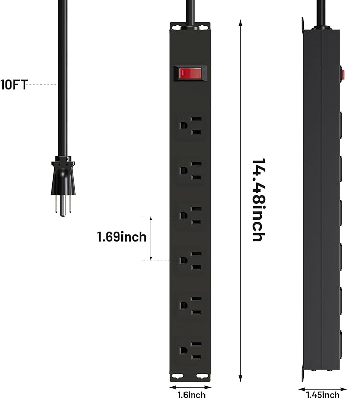 6 Outlet Power Strip with Wide Spaced and 10FT Power Cord,Wall Mount Metal Industrial Power Strip Heavy Duty for Commercial,Garage,School and Home,15A 125V 1875W,Black(10FT)