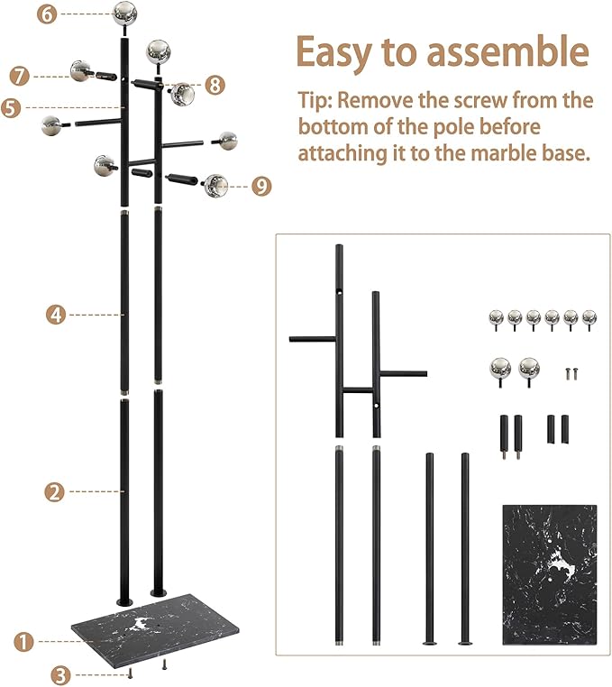 Coat Rack Freestanding with Square Marble Base Heavy Duty Metal Clothes Rack Hanging Stand for Entryway Bedroom Living Room Hotel 14.96 x 10.24 x 68.9 Inches (Black)