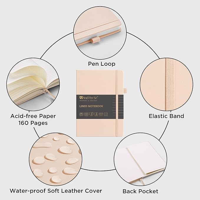 &And Per Se Lined Journal Notebook, 160 Pages, A5 5.7 x 8 inches College Ruled Thick Paper Notebook Journals for Writing, Hardcover Notebooks for Women Men Office School (1 Pack, Light Apricot)