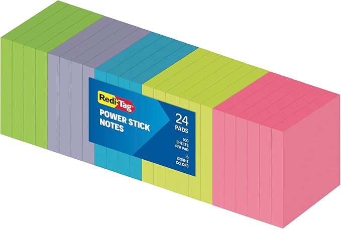 Redi-Tag Sticky Notes, Power Stick Notes, Adhesive Reminders, 3" x 3" Reusable Notes, Strong Adhesive Memos, Assorted Bright Colors, 24 Pack (1000978)