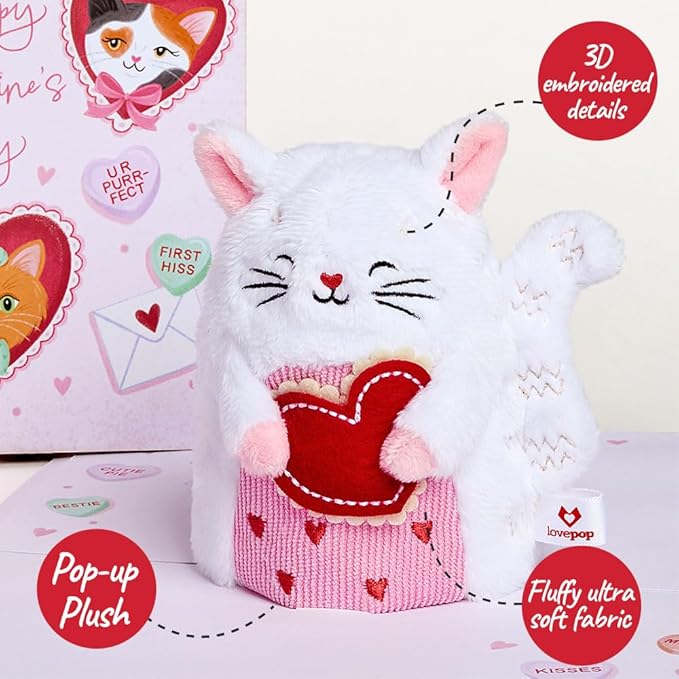 Lovepop Plushpop Soft Animal Pop-Up Card for Her and Him - 3D Happy Valentine Greeting Card for Boys, Girls, Men, Women - Love Cat - 6" x 8" Card