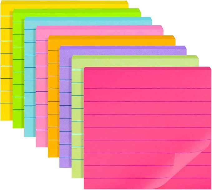 8 Pads Lined Sticky Notes 3x3 in Post, 8 Colors Self Sticky Notes Pad Its, Bright Colorful Square Sticky Notes for Office, Home, School, Meeting, 82 Sheets/pad