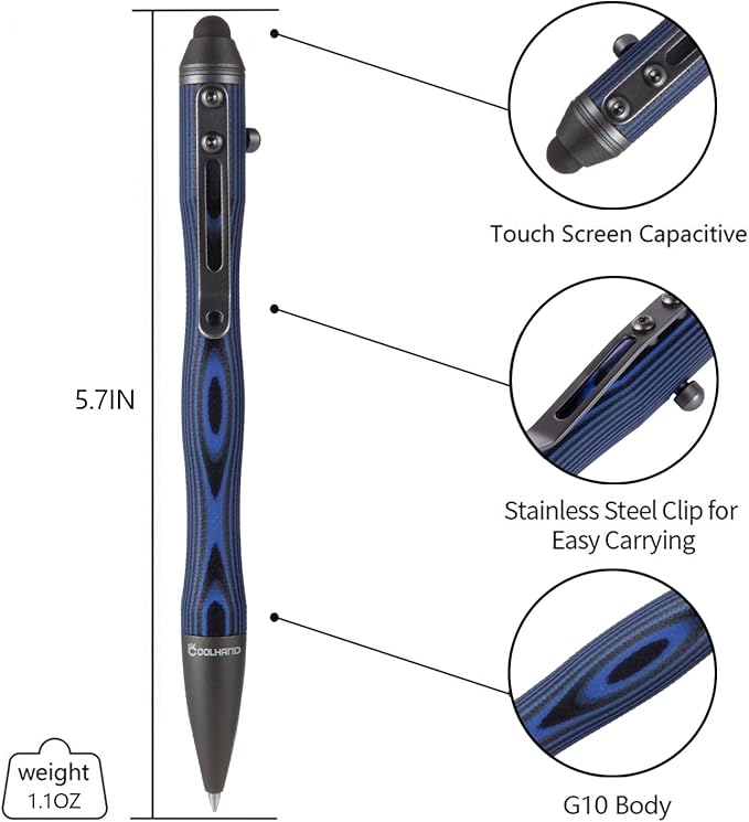 Cool Hand 5.7'' Bolt Action Pens, EDC Ballpoint Ink Refillable, Stylus for Touch Screen, G10 Body w/Pocket Clip, Ergonomic Grip, with a Free Refill, 5375-N