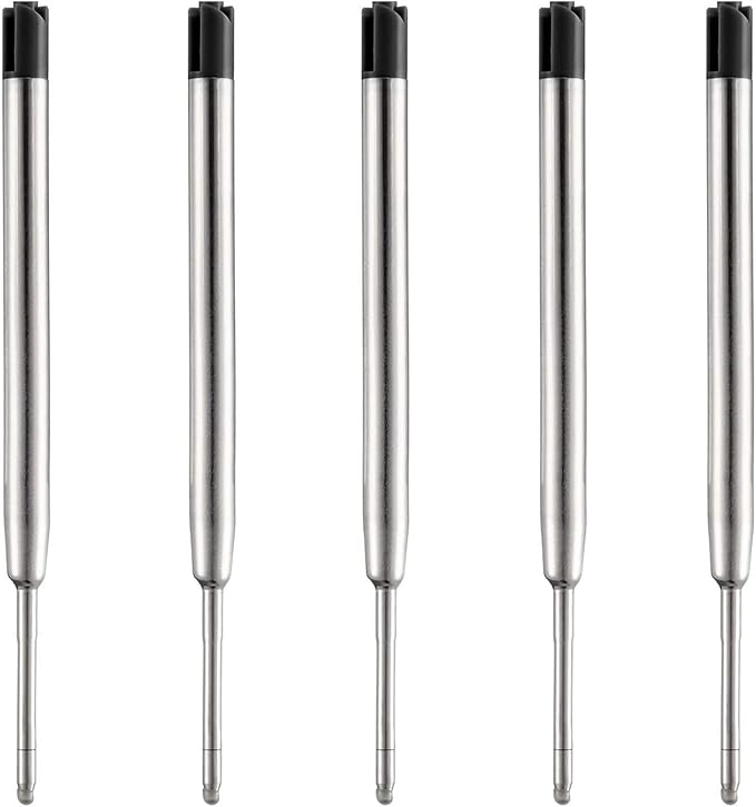 HeTaoCat Black Ink Refill Pack of 5, Replaceable Ballpoint Pen Refills, Medium Point Metal Refil (Black)