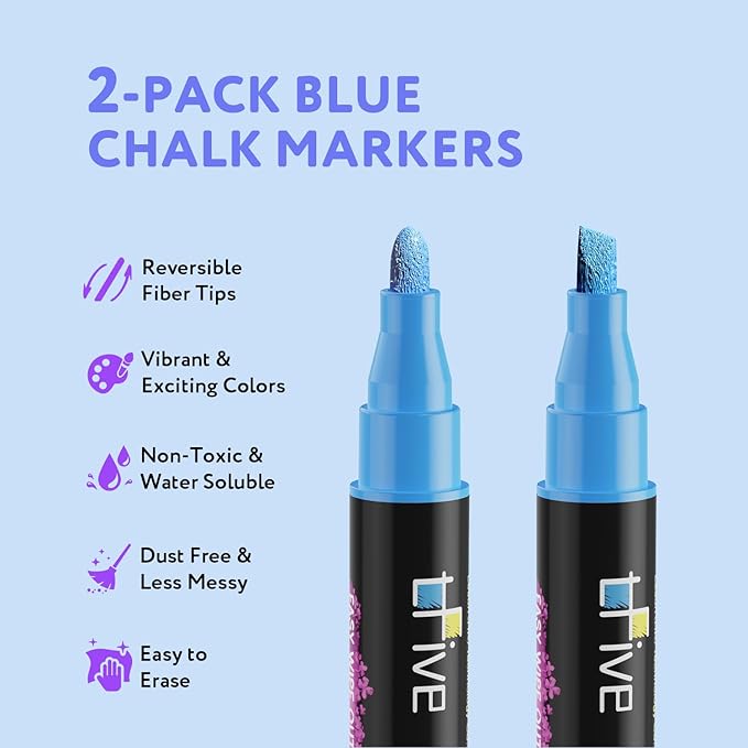 TFIVE Blue Liquid Chalk Markers - 2 Pack Bright Colors Erasable Chalk Marker Pens, Reversible Tip, Non-Toxic, for Chalkboards, Signs, Glass, Easy to use Chalk markers TF800