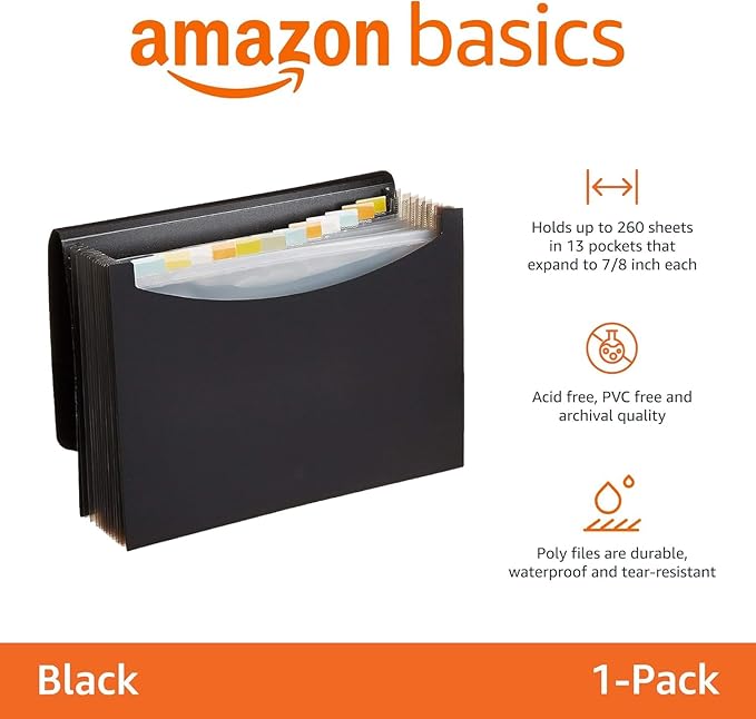 Amazon Basics Expanding Organizer File Folder, Letter Size - Black, 1-Pack