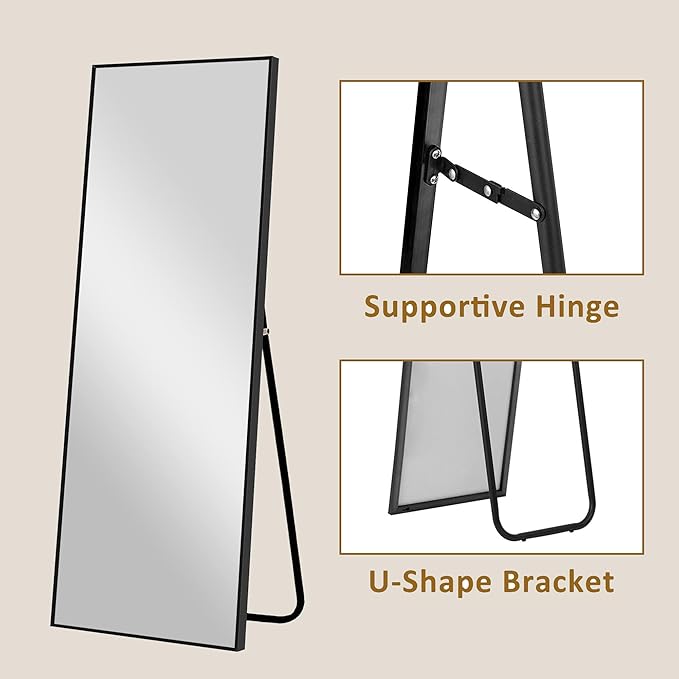 Arched Full Length Mirror, 57" x 20" Floor Mirror with Stand – Shatterproof Tempered Glass, Modern Aluminum Frame, Multi-Mount for Bedroom, Living Room, Gym, Black