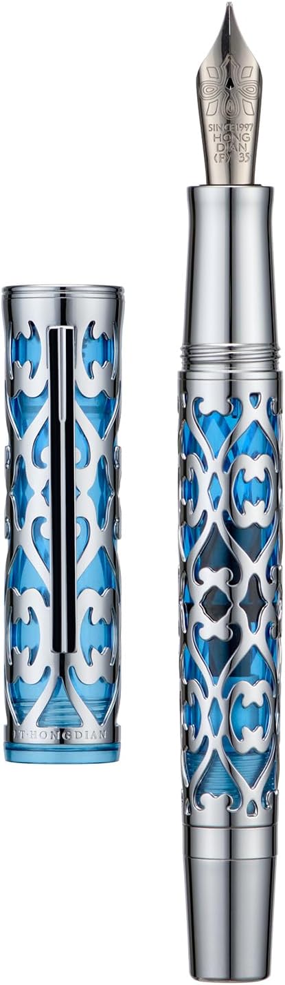 Hongdian D1 Piston Fountain Pen Fine Soft Nib, Silver Blue Hollow Skeleton & Resin Pen with Metal Case Set