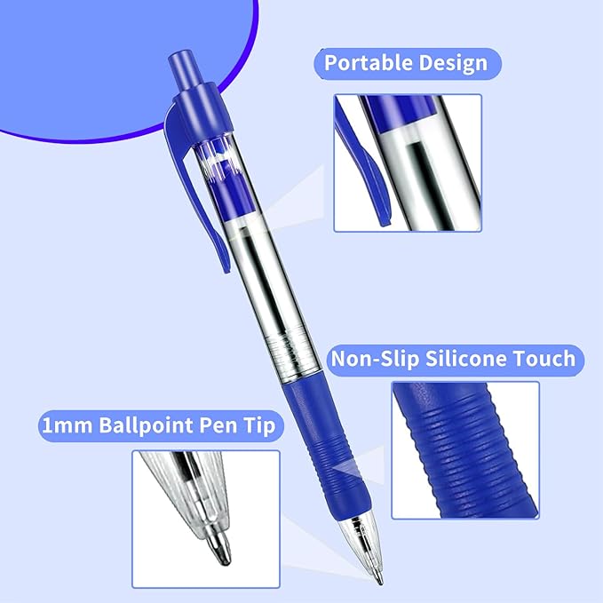 200 Pack Ballpoint Pens Bulk, Blue Gel Ink Pens, 1.0 mm Medium Point Pen, Retractable Smooth Writing Pen with Comfortable Grip for Journal Writing Home Office Supplies (Blue Ink)