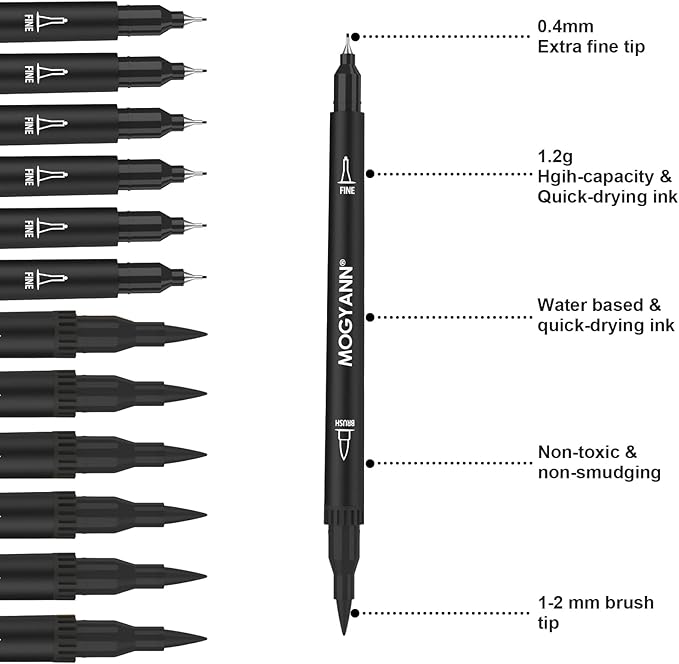 Mogyann Drawing Pens, 12 Pack Dual Brush Pens Black Markers for Art Drawing Sketching